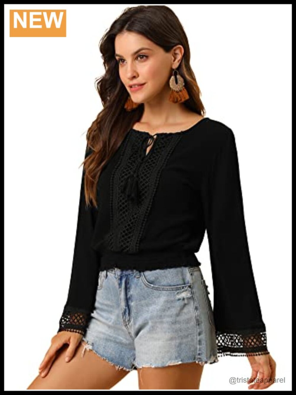 Boho Cropped Peasant Top Bell Sleeve Smocked Waist Blouse